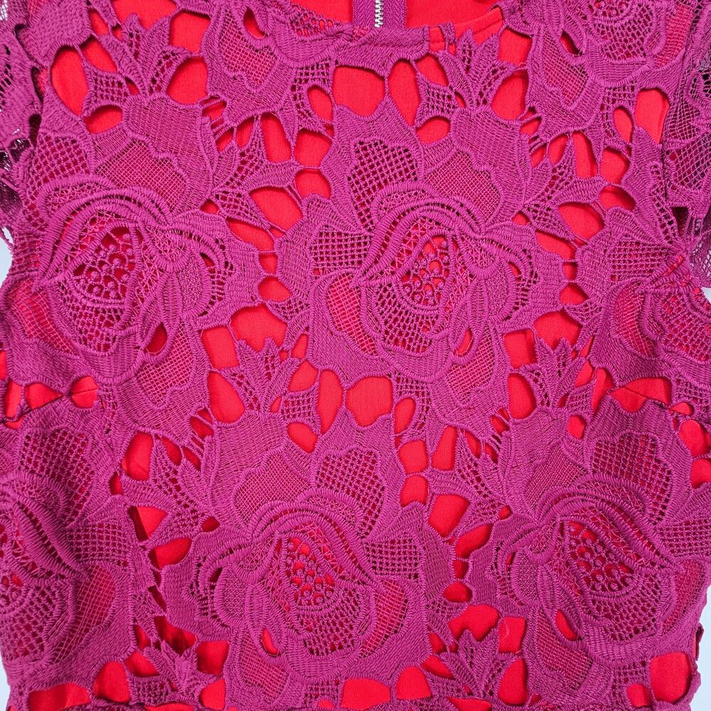 Just Me Red Magenta Floral Embroidered Lace Cap Sleeve Cocktail Party Dress S - Picture 2 of 8